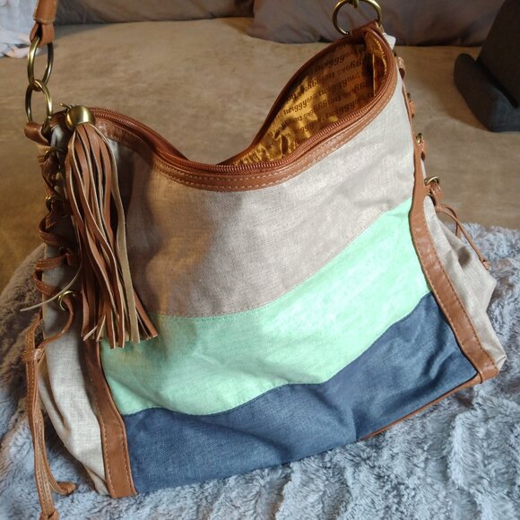 Twiggy London Shoulder Bag Cotton/Linen Vegan Leather Blue Green Beige *FLAWS* - Picture 3 of 16
